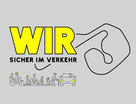 Ein Logo, auf dem symbolisierte Personen mit verschiedenen Fortbewegungsmitteln auf dem Weg zum Umriss einer Rennstrecke sind. Text: WIR SICHER IM VERKEHR