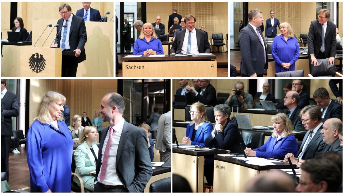 Eine Collage aus einer Bundesratssitzung auf der Abgeordnete in Gesprächen abgebildet sind.