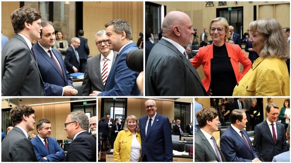 Männer und Frauen diskutieren in einem Plenarsaal.